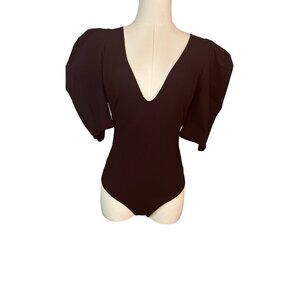 NWOT Free People XS Black Va Va Voop Plunge Neck Puff Sleeve Bodysuit